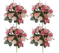NASSMOSSE Artificial Roses with Stems 4PCS 12.6 Inch Realistic Faux Roses Stems with 21 Small Diamond Rose Silk Flowers Bouquets for Home Office Wedding Party Decoration, Bean Paste Color