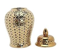 NASSMOSSE Gold Ceramic Ginger Jar Vase, Hollow-Out Decorative Jar with Lid, Multi-Purpose Storage and Display Idea