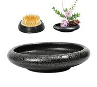 NASSMOSSE Ikebana Vases Kit, Round Wide Opening Ceramic Flower Arrangement Holder, Retro Ikebana Bowl with Flower Frog for Indoor Home Decor