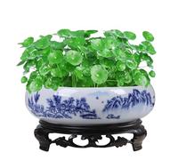 NASSMOSSE Lotus Planter with Base, Blue and White Ceramic Lotus Bowl Planter, Decorative Round Flowerpot Hydroponic Container for Garden, Balcony, Office