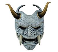 NASSMOSSE Oni Mask, Scary Full Face Samurai Mask with Fangs and Ox Horn, 11x9.5 Horror Devil with Elastic Band for Halloween, Masquerade, Cosplay Props