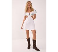 NastyGal Women's Cotton Cross Hatch Floral Embroidered Puff Sleeve Cut Out Mini Dress in White | Size: 6 NastyGal White 6