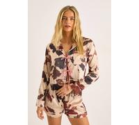 NastyGal Women's Cow Satin Contrast Tie Front Pajama Shorts Set in Chocolate | Size: 6 NastyGal Chocolate 6
