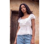 NastyGal Women's Dobby Lace Cutwork Tie Front Ruffle Puff Sleeve Top in Cream | Size: 16 NastyGal Cream 16