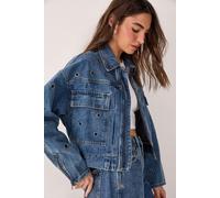 NastyGal Women's Eyelet Utility Zip Through Denim Jacket in Authentic Midwash | Size: 10 NastyGal Authentic Midwash 10