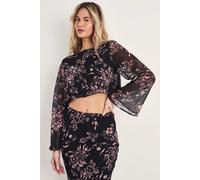 NastyGal Women's Floral Button Through Cropped Fluted Sleeve Top in Black | Size: 12 NastyGal Black 12