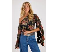 NastyGal Women's Floral Devore Off-The Shoulder Fluted Sleeve Top in Black | Size: 6 NastyGal Black 6