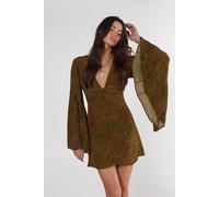 NastyGal Women's Floral Print Extreme Sleeve Button Down Mini Dress in Khaki | Size: 4 NastyGal Khaki 4