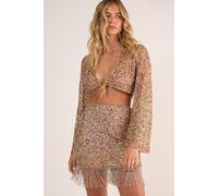 NastyGal Women's Metallic Net Sequin Pearl Tie Front Fluted Sleeve Top in Nude | Size: 6 NastyGal Nude 6