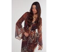 NastyGal Women's Mixed Animal Crinkle Chiffon Ruffle Tie Front Blouse in Tan | Size: 6 NastyGal Tan 6