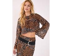 NastyGal Women's Mixed Animal Devore Flared Sleeve Crop Top Co-ord in Tan | Size: 8 NastyGal Tan 8