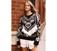NastyGal Women's Mono Fringe Intarsia Sweater in Black | Size: Large NastyGal Black L