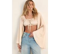 NastyGal Women's Satin Ruched Volume Sleeve Crop Top in Ivory | Size: 12 NastyGal Ivory 12