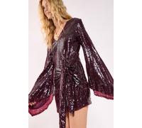 NastyGal Women's Sequin Flared Sleeve Tie Front Mini Dress in Burgundy | Size: 4 NastyGal Burgundy 4