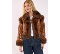 NastyGal Women's Snake Animal Vinyl Faux Leather Fur Trim Jacket in Brown | Size: S/M NastyGal Brown S/M