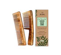Nat Habit - Kacchi Neem Wooden Comb - Soaked In 17 Herbs Neem & Sesame Oil For Multi-Actions - Detangling, Frizz Control & Shine (Dual Tooth & Wide Tooth) Combo Pack of 2