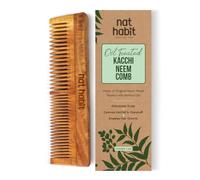 Nat Habit Kacchi Neem Wooden comb - soaked in 17 herbs, neem and sesame oil for multiple actions - detangling, frizz control and shine, suitable for all hair types (double tooth)