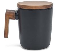 Nat & Jules Japanese Style Black 12 ounce Stoneware Wood Handled Mug With Lid