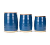 Nat & Jules Lidded Navy Blue 6 inch Ceramic and Wood Kitchen Canisters Set of 3
