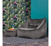 Natalia Velvet Adults Bean Bag Armchair and Pouffe, Ready Filled Large Beanbag and Footstool Olive Green ICON Charcoal One Size