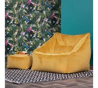 Natalia Velvet Adults Bean Bag Armchair and Pouffe, Ready Filled Large Beanbag and Footstool Olive Green ICON Yellow One Size