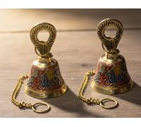NATARAJ GALLERY Pure Brass Pooja Room Hanging Bell with Chain Set of 2, for Temple Mandir Home Decorative Bell (Red)