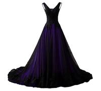 NaTengs Women's Applique Gothic Wedding Dress V Neck A Line Bridal Gown with Train Dark Purple