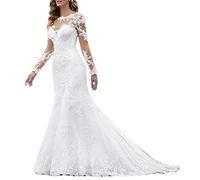 NaTengs Women's Applique Long Wedding Dresses for Bride 2022 with Sleeves White