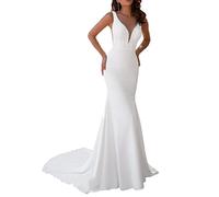 NaTengs Women's V Neck Mermaid Wedding Dresses Sleeveless Slim Long Bridal Gown White
