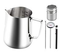 NathrBTV Milk Jug 600ml/21oz, Milk Frother Frothing Jug Stainless Steel with Thermometer Powder Shaker Coffee Art Pen for Making Latte Cappuccino