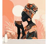 National African Woman Large Mural Self Adhesive Wallpaper 256x350 cm, Exotic Black Girl Wallpaper, Boho Leaves Plants Wall Stickers Vinyl for Living Room, Kitchen Wall Art