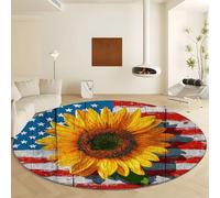 National Flag Pattern Plant Sunflower Round Area Rug Diameter 140 cm, Orange Color Print Soft Non Slip Rugs - Washable Short Pile Carpet Non Shedding Indoor Carpet for Living Room Bedroom Decor