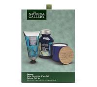National Gallery Pamper Gift Set - 250ml Body Wash, 50ml Hand Cream & 100g Soy Wax Candle - Sage, Samphire & Sea Salt Scent - Vegan Friendly Luxury Bath & Body Gift