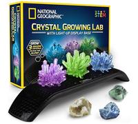NATIONAL GEOGRAPHIC Crystal Growing Kit - 3 Vibrant Coloured Crystals to Grow with Light-Up Display Stand & Guidebook, Includes 3 Real Gemstone Specimens Including A Geode & Green Fluorite