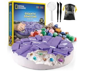 NATIONAL GEOGRAPHIC Gigantic Gemstone Dig Kit - Excavate 100 Real Gems from a Giant Dig Brick, Gem Mining Kit for Kids, STEM Rock Collection Activity, Includes Tools & Learning Guide
