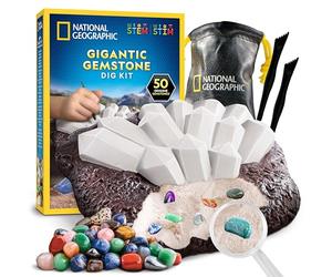 NATIONAL GEOGRAPHIC Gigantic Gemstone Dig Kit - Excavate 50 Real Gems from a Giant Dig Brick, Gem Mining Kit for Kids, STEM Rock Collection Activity, Includes Tools & Learning Guide