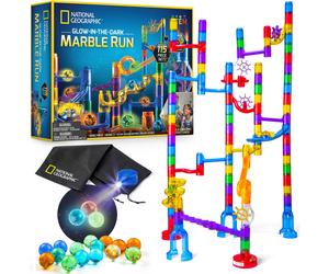 NATIONAL GEOGRAPHIC Glowing Marble Run - 115 Piece Construction Set with 25 Glow in The Dark Glass Marbles Storage Bag Great Creative STEM Toy for G