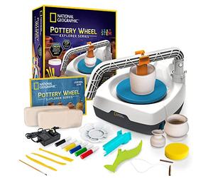NATIONAL GEOGRAPHIC Kid’s Pottery Wheel (UK Version) - Complete Pottery Kit for Kids, Plug-in Motor, 907 g Air Dry Clay, Sculpting Clay Tools, Apron & More, Patent Pending, Amazon Exclusive Craft Kit