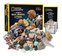 National Geographic Rocks and Fossils Kit - 200 Piece Set Includes Geodes, Real Fossils, Rose Quartz, Jasper, Aventurine, and Many More Rock
