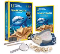 National Geographic Shark Tooth Dig Kit - Excavate 3 Real Shark Tooth Fossils Including Sand Tiger, Otodus and Crow Shark - Great Science Gift for