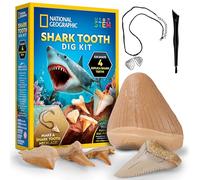 National Geographic Shark Tooth Dig Kit, Fossil Necklace Craft Toy, Age 8+ | 4 genuine marine predator teeth; wearable setting included; digging tool & full colour guide book; screen-free activity