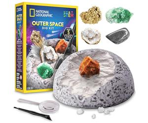 National Geographic Space Dig Kit, Space Rock & Gem Specimen Toy, Age 8+ | 5 genuine mineral finds; cosmic-themed excavation block; magnifier & digging tool included; full colour learning guide book