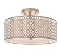National Lighting Alva E27 Flush Ceiling Light in Satin Nickel - Modern Metal Fretwork Semi Flush Light with Fabric Drum Shade - LED Compatible Indoor Lighting for Hallway, Bedroom, Living Room