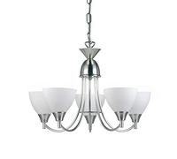 National Lighting Andy Decorative 5 Way Satin Chrome Branch Arm Pendant Ceiling Light with Matt Opal Glass Shades
