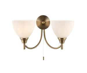 National Lighting Andy Decorative Antique Brass Twin E14 LED Compatible Wall Light with Matt Opal Glass Shades Uplight