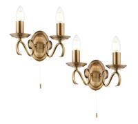 National Lighting Indoor Wall Light - Dimmable Twin Wall Lamp with Pull Chord Switch - Decorative Scrolled Arm Wall Sconce LED Wall Light for Bedroom Livingroom Dining-Room Hallway - Antique Brass x2