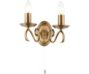 National Lighting Indoor Wall Light - Dimmable Twin Wall Lamp with Pull Chord Switch - Decorative Scrolled Arm Wall Sconce LED Wall Light For Bedroom Livingroom Dining-room Hallway - E14 Antique Brass