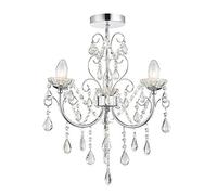 National Lighting Isabelle Modern 3 Way Silver Chrome Bathroom Semi Flush Ceiling Light Chandelier with Clear Crystal Glass Droplets IP44 Rated (460mm)
