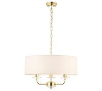 National Lighting Kennedy Modern Brass Multi Arm 3 Way Pendant Ceiling Light with Crystal Detail and White Fabric Shade
