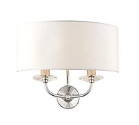 National Lighting Kennedy Modern Bright Nickel Twin Wall Light Fitting with Crystal Detail and White Fabric Shade